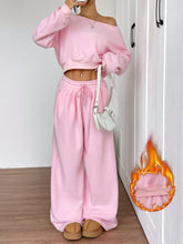 Women's Solid Color Asymmetrical Collar Long Sleeve Cropped Sweatshirt And Wide Leg Pants Casual Suit Set, Autumn/Winter